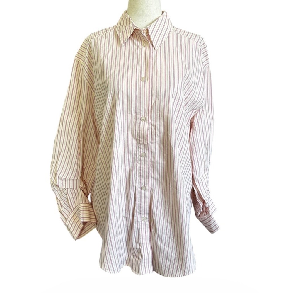 Zara Oversized Striped Button Down Shirt Pink Burgundy Cotton Medium | 0216